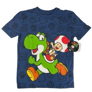 Super Mario Yoshi & Toad Blue Kids Graphic T-Shirt Size M 7-8 NWT